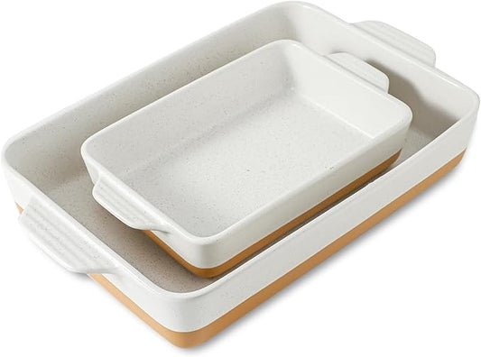 Ceramic Baking Casserole Dish with Handles, Large 9x13 inch Pan and Middle Baking Pan - Porcelain Serving Bakeware Set (Farmhouse White) by Howise