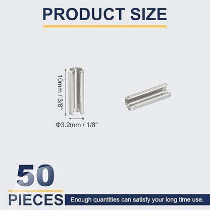 PATIKIL Slotted Spring Pin, 50 Pcs 1/8" x 3/8" (3.2mm x 10mm) 304 Stainless Steel Split Roll Pins Spring Dowel for Home Improvement Automotive Machine Repair, Silver