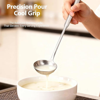 Professional Stainless Steel Soup Ladle, 11.8" Comfort Grid, Long Ergonomic Handle, Durable Kitchen Utensil for Cooking, Stirring, Serving Soups, Heavy-Duty Metal, Dishwasher Safe