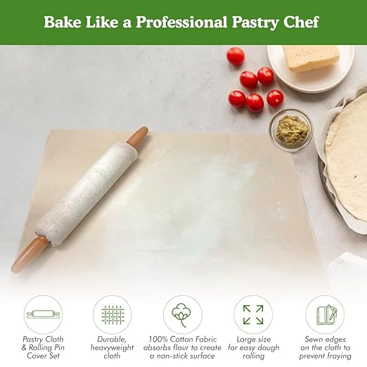 Regency Wraps Natural Pastry Cloth 20"x24" with 15”Rolling Pin Cover, 100% Cotton for Non-stick Dough Rolling, Achieve Perfect Dough for Baked Goods.