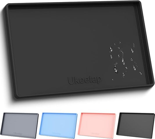 ukeetap Extra Thick Silicone Mat Waterproof with Raised Edge 19” x 12”, BPA Free Non-Slip Dog & Cat Food Mat, Feeding Mat for Food and Water Bowls, Spill Proof Mat to Protect Floors, Black