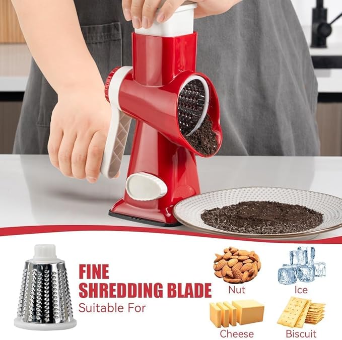 KEOUKE Rotary Cheese Grater Hand Crank Red - Shredder Slicer Grinder 3 Stainless Steel Blades, Stable Suction, Labor-Saving Handle, Safe Kitchen Tool for Cheese, Vegetable, Nuts, Chocolate - Image 4