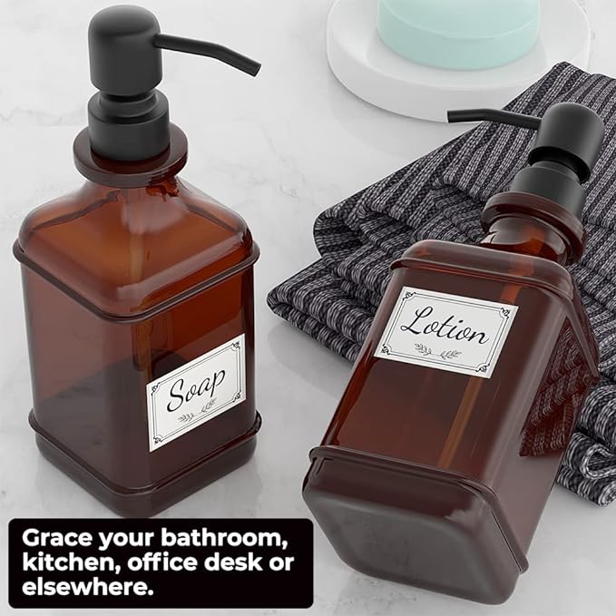 GLADPURE Soap Dispenser 2 Pack, Hand Soap Dispensers with 18 Oz Antique Design Thick Amber Glass Bottle, 316 Rust Proof Stainless Steel Black Pump, 6Pcs Stickers, for Lotion, Soap, Essential Oil - Image 5