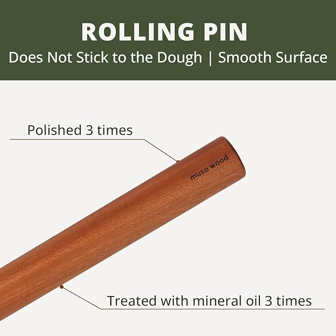 Muso Wood Sapele Wooden Dowel Rolling Pin for Baking,Tapered Roller for Fondant, Pie Crust, Cookie, Pastry (Dowel 17.5inch) - Image 2