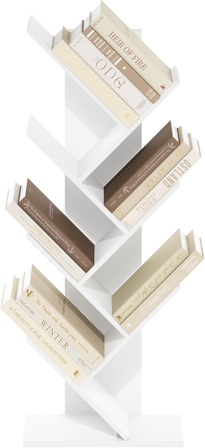 Furinno Tree Book Shelf, 7-Tier Bookshelf with Angled Open Shelf, Tree Bookcase for Room Decor, 8.4 x 15.7 x 39.4, for Organization and Storage, for Living Room, Bedroom, Home Office, White - Image 6
