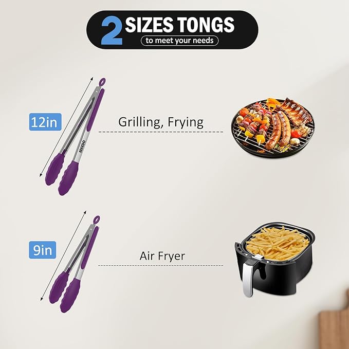 Tongs for Cooking, 600ºF High Heat-Resistant Stainless Steel Kitchen Tongs with Silicone Tips, Non Scratch, Locking Tong for BBQ Grilling Air Fryer Food Salads, Set of 2 (9" and 12") Purple - Image 2