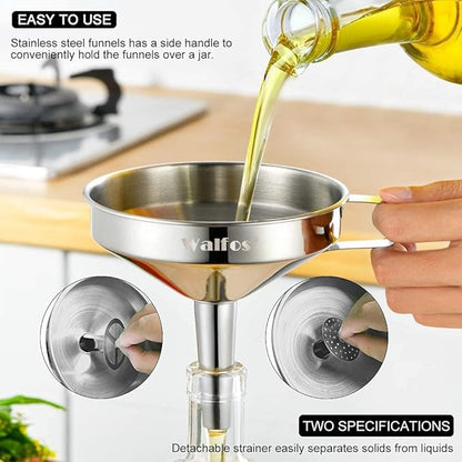 Walfos Extra Large Stainless Steel Funnel with Venting Slot, Kitchen Funnel with 2 Removable Strainer ＆ 1Pc Cleaning Brush, Perfect for Transferring Liquid, Oils, Jam, Dry Ingredients (Jumbo, 7.9") - Image 2