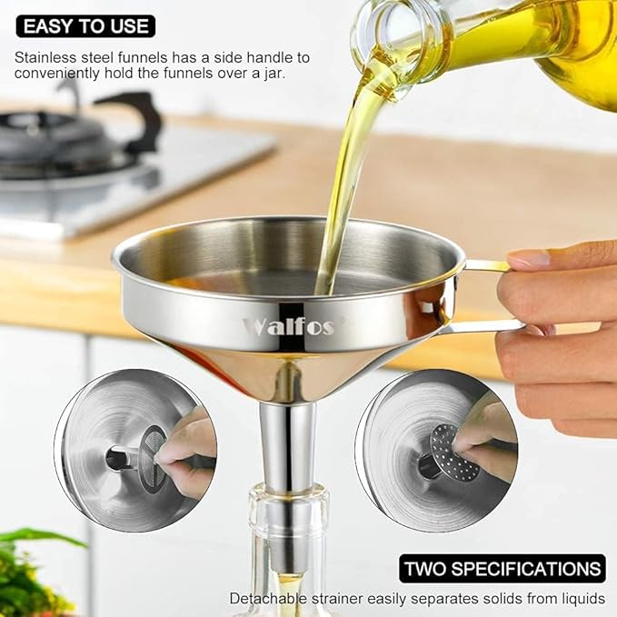Stainless Steel Funnel, Walfos 6 Different Sizes of Kitchen funnels with 2 Removable Strainer ＆ 1Pcs Cleaning Brush, 200 Mesh Food Filter Strainer,for Transferring of Liquid, Oils, Jam, Powder - Image 2
