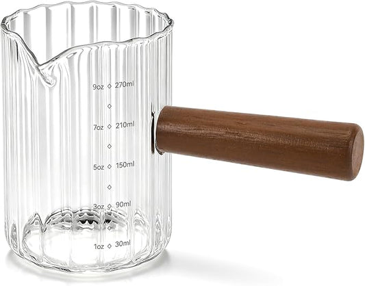 Espresso Measuring Cup 9 Oz, Espresso Glass Cups with Wood Handle, Milk Frothing Cup, Espresso Cup for Coffee, Milk, Tea or Maple Syrup Serving (Transparent, 9 oz)