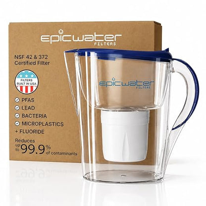 Epic Water Filters Pure Filter Pitchers for Drinking Water, 10 Cup 150 Gallon Filter, Tritan BPA Free, Reduces Fluoride, Chlorine, Lead, Forever Chemicals (Navy Blue XP) by EpicWaterFilters