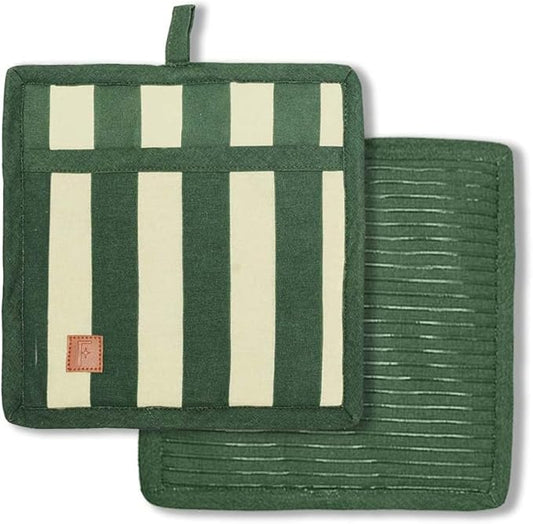 Folkulture Pot Holders for Kitchen | Pack of 2 (8x8) Ribbed Soft Silicone Hot Pads for Kitchen | 100% Cotton Cute Oven Pot Holders Set | Heat Resistant | Machine Washable | Non Slip | Matcha