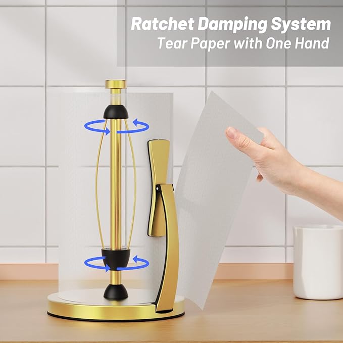 VEHHE Gold Paper Towel Holder Countertop, One-Handed Tear, Stainless Steel, Stand Paper Towel Holder with Spring Activated Arm & Non Slip Weighted Base, for Kitchen Bathroom - Image 2