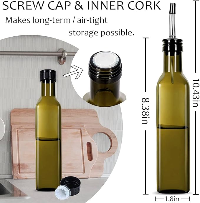 Glass Olive Oil Bottle - 250ml Second Generation Brown Oil & Vinegar Cruet with Pourers and Funnel - Olive Oil Carafe Decanter for Kitchen - (8.5 Oz Ounce) - Image 2