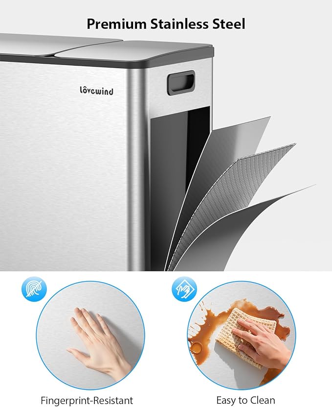 Lovewind Dual Trash Can, 14 + 6 Gallon Garbage Can for Kitchen Dual Compartment Recycling Kitchen Step Trash Bin, Stainless Steel Trash and Recycle Bin Combo with Soft-Close Lid, Silver - Image 3