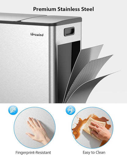 Lovewind Dual Trash Can, 14 + 6 Gallon Garbage Can for Kitchen Dual Compartment Recycling Kitchen Step Trash Bin, Stainless Steel Trash and Recycle Bin Combo with Soft-Close Lid, Silver - Image 3