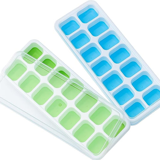 Silicone Ice Cube Trays with Lids – Easy-Release, Flexible, BPA-Free, Spill-Resistant, Durable & Dishwasher Safe – 14 Ice Cubes per Tray - Variety Pack (Blue/Green) by VIGORPATH
