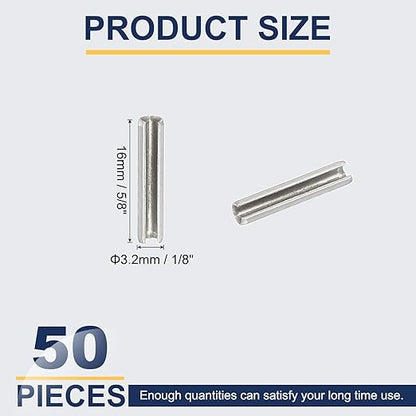 PATIKIL Slotted Spring Pin, 50 Pcs 1/8" x 5/8" (3.2mm x 16mm) 304 Stainless Steel Split Roll Pins Spring Dowel for Home Improvement Automotive Machine Repair, Silver
