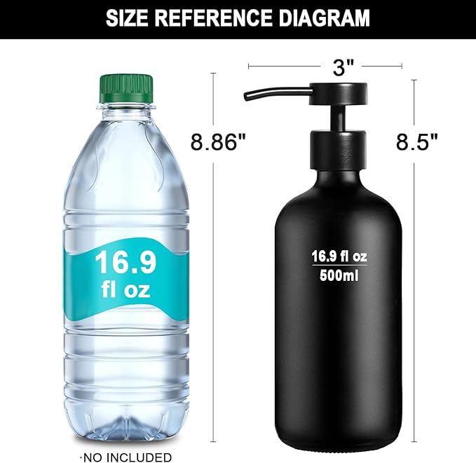 Black Glass Soap Dispenser with Stainless Steel Pump, 16.9 Fl oz Soap Dispenser Set for Kitchen, Matte Black Hand Dish Soap Dispensers for Kitchen and Bathroom, Lotion Dispenser Bathroom Decor - Image 8