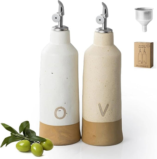 Besmeety 18oz Olive Oil Dispenser Bottle for Kitchen, Ceramic Oil and Vinegar Dispenser Set with Automatic Stainless Steel Pourer