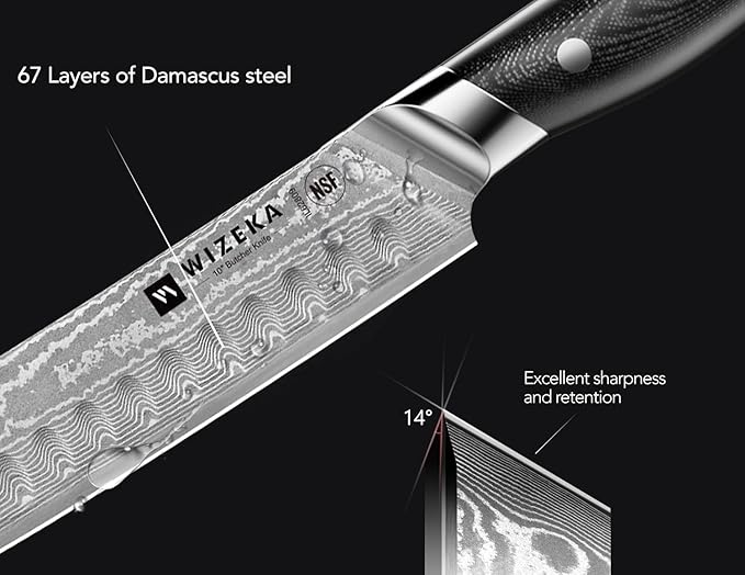 WIZEKA Carving Knife-10 Real Damascus Breaking Knife,Razor Sharp Butcher knife Curved Scimitar Brisket Knife for Meating Cutting with G10 Handle - Image 3