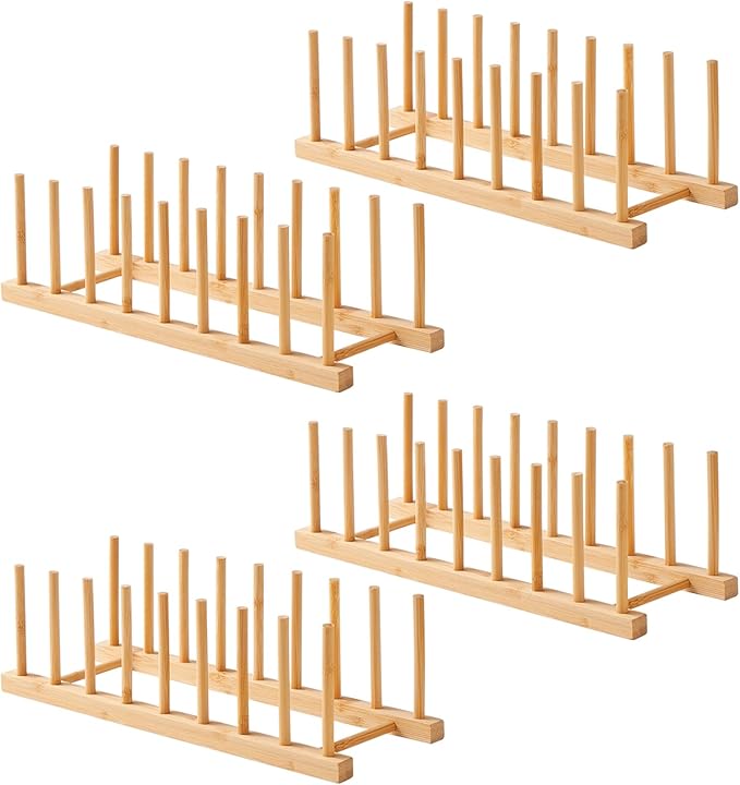 4 PCS Bamboo Dish Dying Rack - Pot Lid Plate Organizer Holder for Cabinet - Cutting Board Organizer-Plate Rack for Dish, Pot Lid, Bowl, Cup, Cutting Board by Worthyeah
