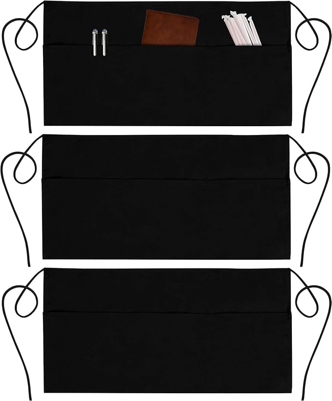 GREEN LIFESTYLE 3 Pack Server Aprons with 3 Pockets - Waist Apron, Waitress Apron for Women and Man, Water Resistant with Long Waist Strap Reinforced Seams, Half Apron (Black) - Image 7