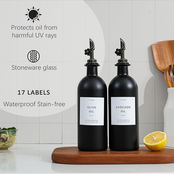 HOMCDALY Olive Oil Dispenser for Kitchen, 16oz Glass Oil Bottles with Bamboo Tray, Black Oil&Vinegar Cruet Set, Kitchen Dispenser Bottles with Pourer | Set of 2 (16oz – Black) - Image 6