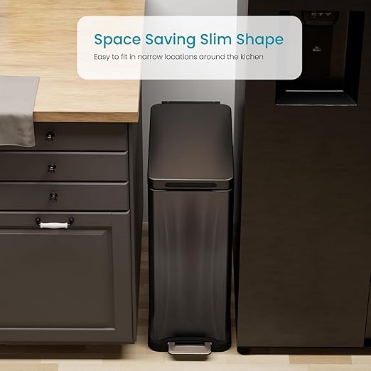 Home Zone Living 12 Gallon Slim Kitchen Trash Can with Soft Close Lid, Step Pedal, Bag Tuck Band, and Removable Liner, Stainless Steel, Black - Image 2