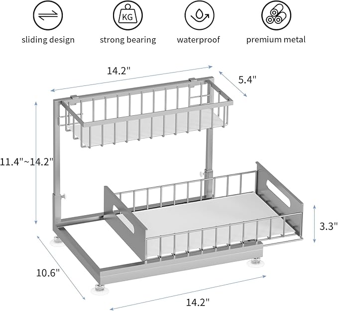 Saydear Under Sink Organizer Storage 2-Tier Premium Metal Pull-Out Kitchen Cabinet Organizer with Sliding Drawer, Height Adjustable, Heavy Duty for Kitchen & Bathroom Organizers 1 Pack Grey - Image 6