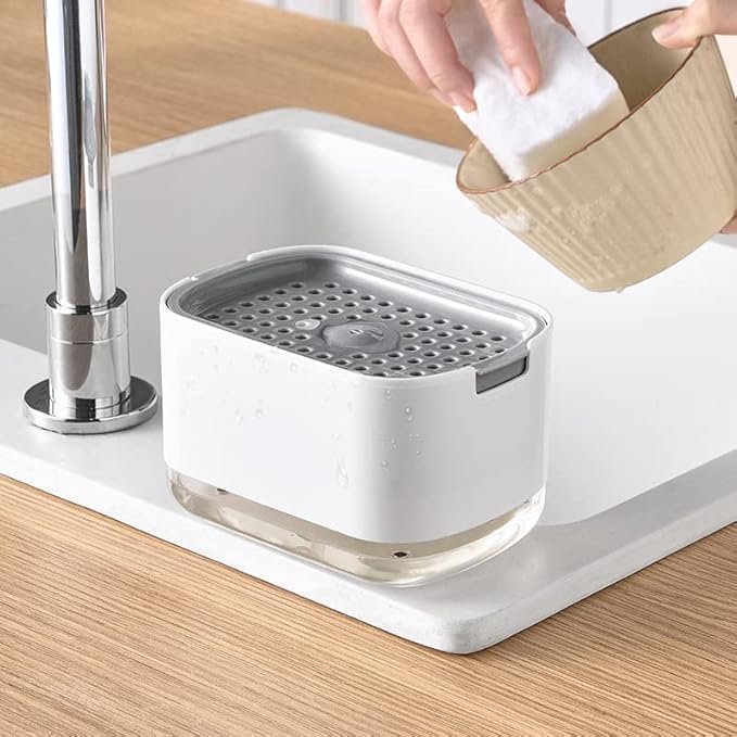 Kitchen Dish Soap Dispenser with Sponge Holder, 2-in-1 Countertop Soap Pump Dispenser, Soap Dispenser for Kitchen Sink with 2-Packs Wire Dishwashing Rag,White - Image 2