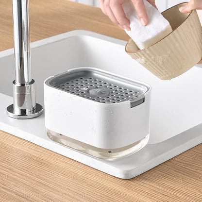 Kitchen Dish Soap Dispenser with Sponge Holder, 2-in-1 Countertop Soap Pump Dispenser, Soap Dispenser for Kitchen Sink with 2-Packs Wire Dishwashing Rag,White - Image 2