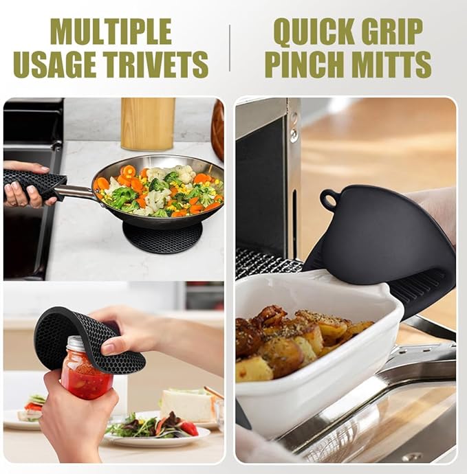 Rorecay 6pcs Oven Mitts and Pot Holders Sets Heat Resistant 500 Degrees, Extra Long and Non-Slip Silicone Oven Gloves Potholders Hot Pads for Kitchen Baking Cooking, Quilted Liner, Black - Image 3