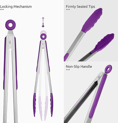 600ºF Heat Resistant Kitchen Tongs: U-Taste 12 inch Large Silicone Cooking Tong with Sturdy Non Stick Rubber Tips & Silicon Coated 18/8 Stainless Steel Handle & Smooth Locking for Serving Grill-Purple - Image 6