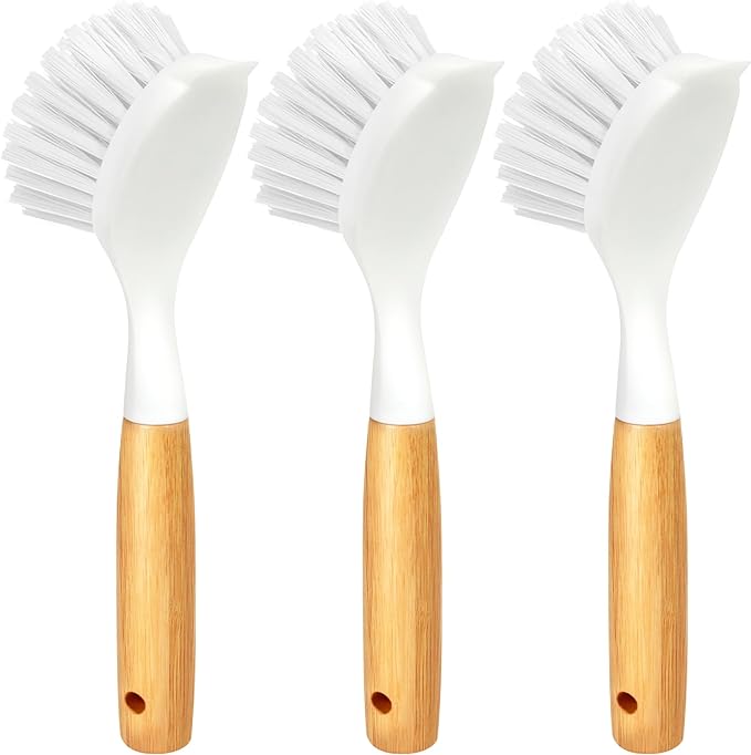 Holikme 3 Pack Dish Brush Set with Bamboo Handle, Kitchen Cleaner for Cleaning Pasta Plate, Salad Bowl, Scrubber with Soft Bristles, Blanco by Holikme