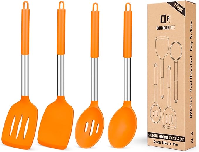 Pack of 4 Silicone Cooking Utensils Set, Non Stick Large Solid Spatulas, Heat Resistant Slotted Spoons, Ideal BPA Free Kitchen Turners for Frying, Mixing,Serving,Draining,Turning,Stirring (ORANGE) by BUNDLEPRO