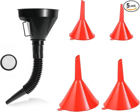 5PCS Wide Mouth Oil Funnel, Plastic Wide Mouth Flexible Fuel Funnel with Hose & Mesh Filter, Multi-Functional Large Oil Funnel Set for Filling Bottles Gas Transfer