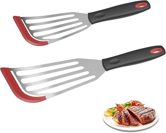 2Pack Silicone Fish Spatulas for Nonstick Cookware,Fish Turner Spatula Stainless Steel with Heat Resistant Silicone Edge,Metal Slotted Spatula for Flipping Fish Egg Patties Fries Pancake Steak (Red)