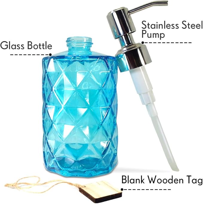 JASAI Diamond Design Soap Dispenser with 304 Rust Proof Stainless Steel Soap Pump, 12 Ounce Kitchen Soap Dispenser for Bathroom, Hand Soap, Dish Soap (Clear Blue). - Image 2