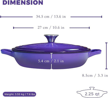 Flavehc Braiser Enameled Cast Iron Braiser 2.25 qt Braiser Pan with Lid Purple Shallow Cast Iron Casserole Braiser Pan with Handels
