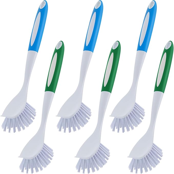 Hsei 6 Pcs Blue and Green Kitchen Scrub Dish Brush Bulk with 11 Inch Anti Slip Handle Cleaning Dish Scrubber with Stiff Bristles Washing Scrub Brushes for Housekeeping for Pots and Pans, Kitchen Sink by Hsei