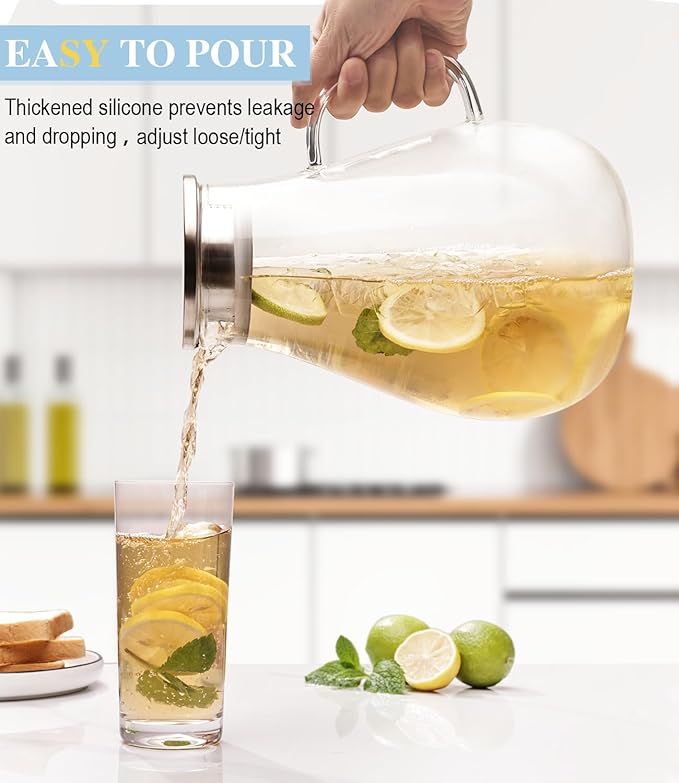 LUNA & MANTHA Glass Pitcher with Lid, 86oz Glass Water Pitcher, Large Hot Cold Water Jug, Borosilicate Drink Jug for Iced Tea, Sangria and Coffee Beverage Carafe with 2 Silicone Rings - Image 3
