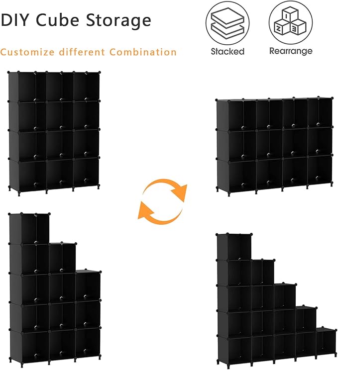 AWTATOS Cube Storage Organizer Closet Storage Shelves DIY Stackable Plastic Storage 12 Cube Bookshelf, Ideal Storage Organizer for Closet, Home, Bedroom, Black - Image 7