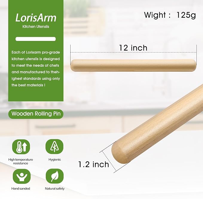 LorisArm 11.5-inch Wooden Rolling Pin for Baking, French Wood Rolling Pin Wood Kitchen Dough Roller for Fondant, Pizza, Pie, Cookie and Pastry - Image 2