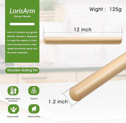 LorisArm 11.5-inch Wooden Rolling Pin for Baking, French Wood Rolling Pin Wood Kitchen Dough Roller for Fondant, Pizza, Pie, Cookie and Pastry - Image 2
