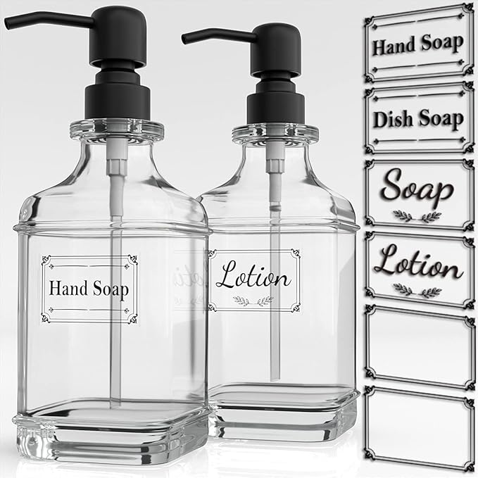 GLADPURE 2 Pack Soap Dispenser, 18 Oz Antique Design Thick Glass Hand Dispensers; with 304 Rust Proof Stainless Steel Pump, 6Pcs Clear Stickers, for Kitchen, Bathroom- Black by GLADPURE