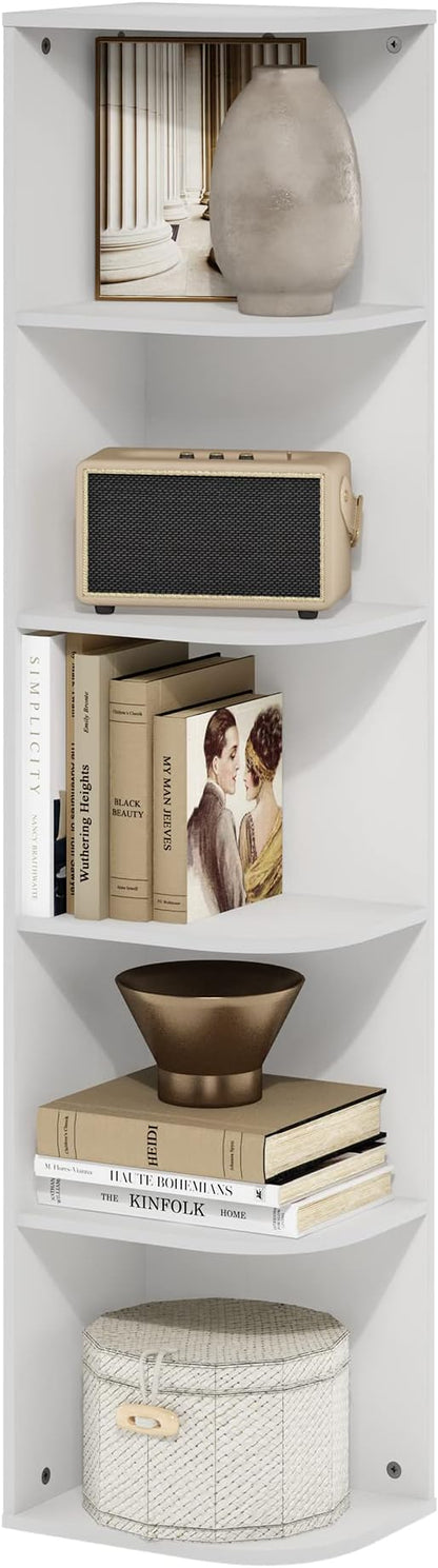 Furinno PASIR Book Shelf, 5-Tier Corner Bookshelf with Open Shelf, Standing Bookcase, 9.3 x 12 x 51.7, for Organization and Storage, for Living Room, Bedroom, Home Office, White by Furinno-FitsYourSpaceFitsYourBudget