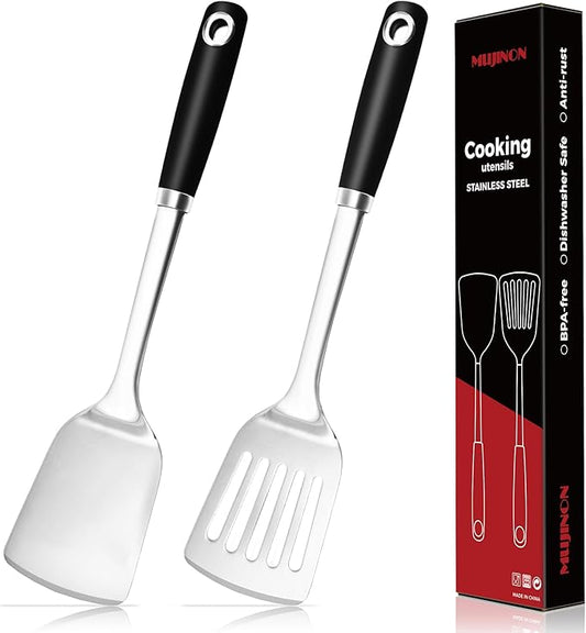 14-in Spatula Set, 18/0 Stianless Steel Heavy Duty Turner & Slotted Spatula, Kitchen Cooking Utensils Set, High Heat Resistant, Grilling Frying Serving Food, Pack of 2 by MUJINON