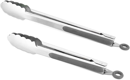 Premium 304 Stainless Steel Tongs Set – 12" Grill Tongs & 9" Cooking Tongs, Heat Resistant up to 600°F, Wavy Grip Head, Non‑Slip Handle with Locking Clip & Hanging Loop, Dishwasher Safe, Grey by ALLWIN-HOUSEWARE