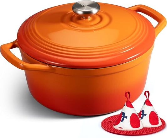 Overmont Enameled Cast Iron Dutch Oven - 5.5QT Pot with Wide Handles Lid Cookbook & Cotton Potholders - Heavy-Duty Pre-Seasoned Cookware Oven Safe to 500°F for Braising, Stews, Roasting, Sourdough Baking by Overmont