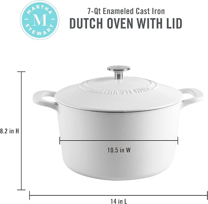 MARTHA STEWART Gatwick 7-Quart Enamel Cast Iron Dutch Oven Pot with Lid – Matte White – Durable Heavy-Duty Dutch Oven for Slow Cooking, Braising & Baking - Image 2